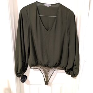 3/$10 Wishlist Apparel Olive Green Balloon Sleeve Bodysuit Top